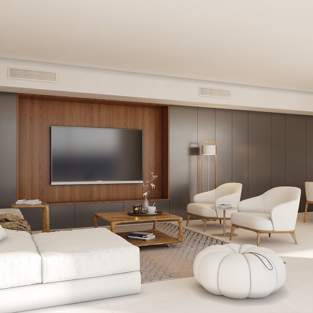 The living room of this luxury villa in Altea features a modern and elegant design. Large windows let in an abundance of natural light, enhancing the high quality finishings and sophisticated décor. 