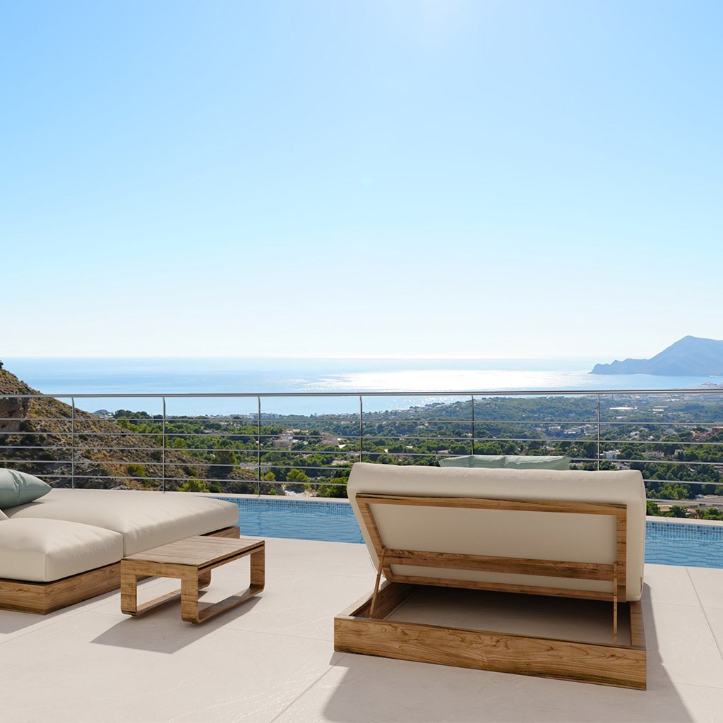 The terrace of this luxury property in Altea offers breathtaking panoramic views of the Mediterranean Sea.