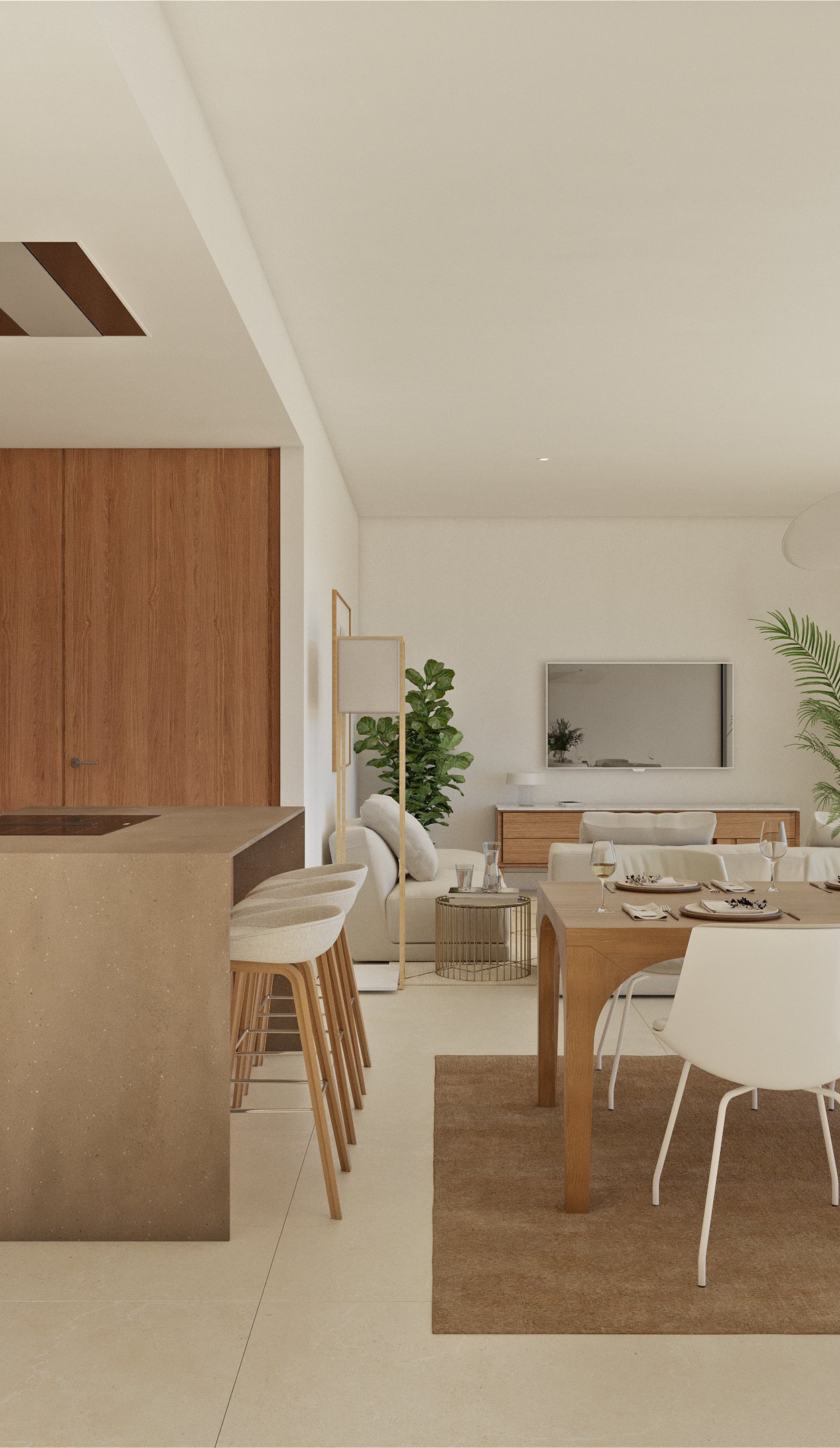 Kitchen with island open to the living and dining area