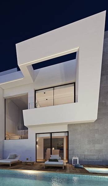 Vista fachada iluminada villa Amanecer