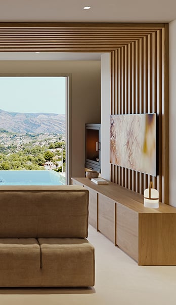 Living room with vaulted ceilings, fireplace and infinite views