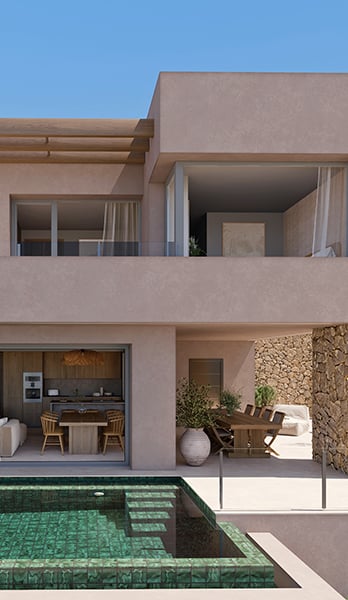 Earthy tones, porch, terrace and infinity pool