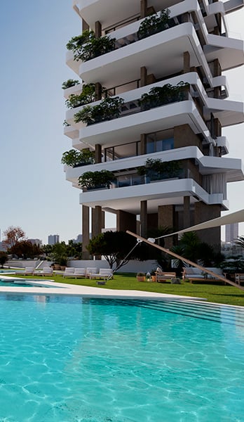 Outdoor swimming pool and gardens common areas Allure Calpe